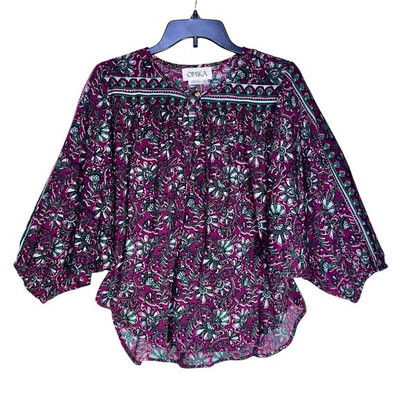 OMIKA Blouse M Floral Boho Dolman Sleeve Linen - Picture 3 of 13
